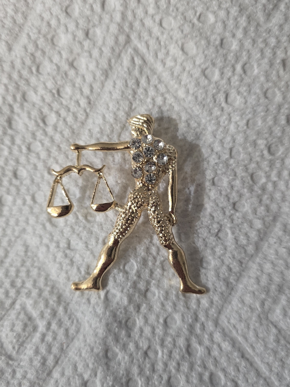Gold Tone Libra Zodiac Brooch with Clear Rhinestones